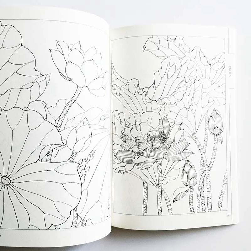 94Pages Hundred Lotus Flowers Chinese Line Drawing Collection Coloring Book for Adults Relaxation & Anti-Stress Art Material