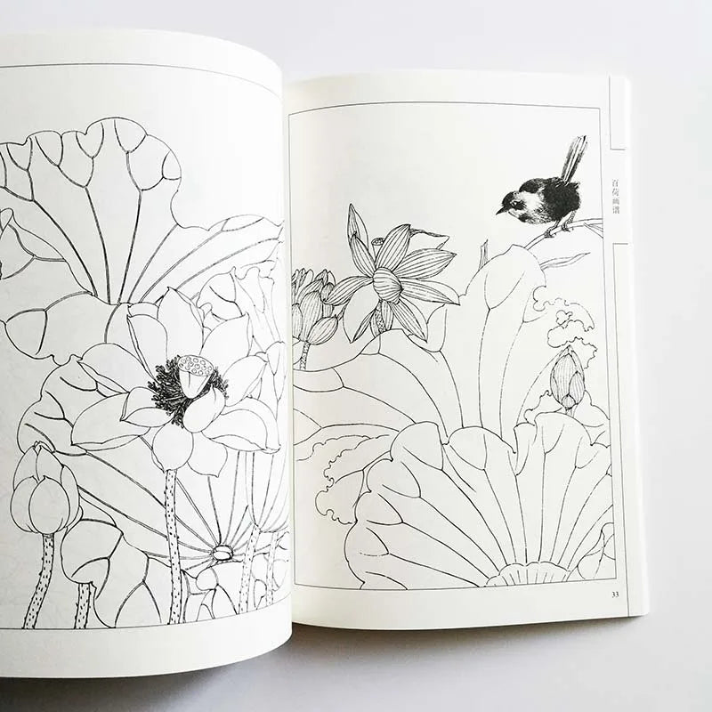 94Pages Hundred Lotus Flowers Chinese Line Drawing Collection Coloring Book for Adults Relaxation & Anti-Stress Art Material