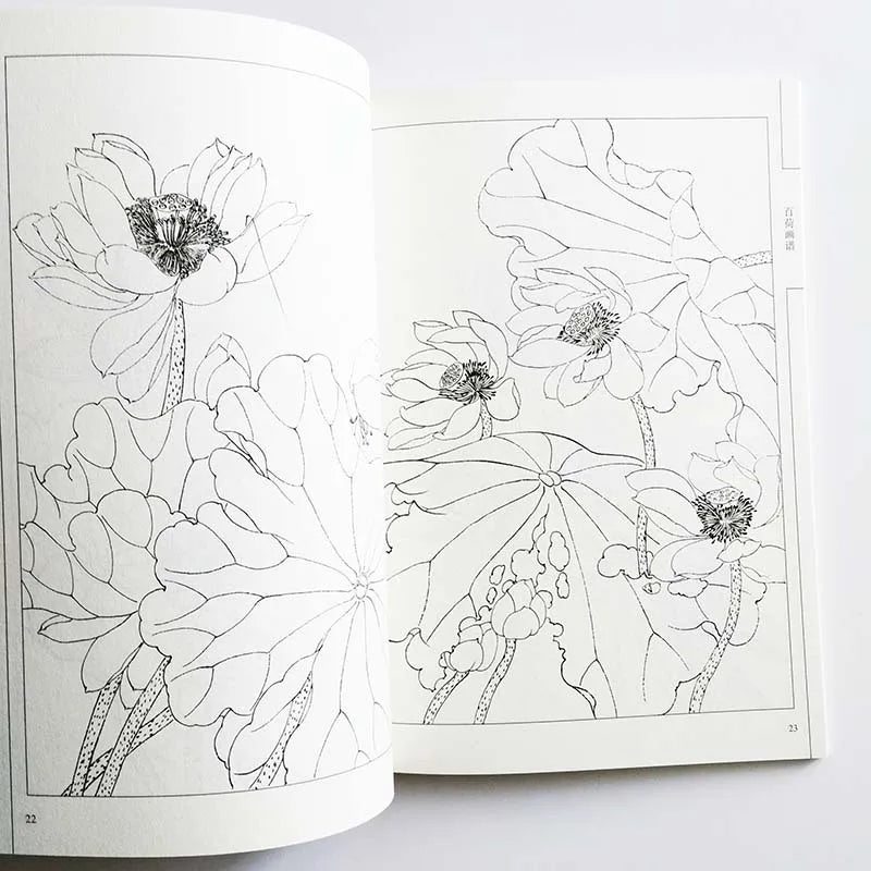 94Pages Hundred Lotus Flowers Chinese Line Drawing Collection Coloring Book for Adults Relaxation & Anti-Stress Art Material